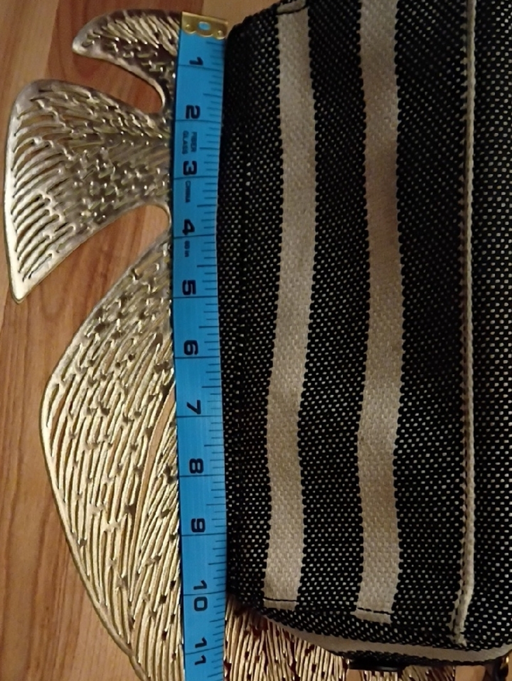 Fossil Black and White Striped Satchel with Brown Leather Trim and Pink Tassel - Picture 11 of 12